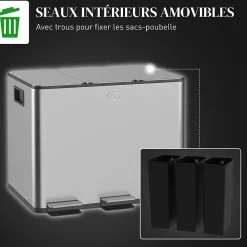 Poubelle manuelle tri selectif 3 bacs capacité totale 60L acier inox. brossé argent