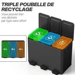 Poubelle manuelle tri selectif 3 bacs capacité totale 45L acier inox. brossé
