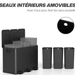 Poubelle manuelle tri selectif 3 bacs capacité totale 45L acier inox. brossé