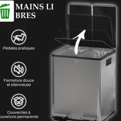 Poubelle manuelle tri selectif 2 bacs capacité totale 20L acier inox. brossé