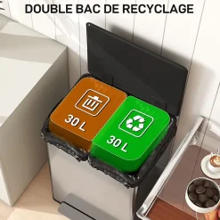 Poubelle manuelle tri sélectif 2 bacs capacité totale 60L filtre anti-odeurs poignées acier inox. brossé noir