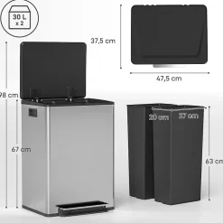 Poubelle manuelle tri sélectif 2 bacs capacité totale 60L filtre anti-odeurs poignées acier inox. brossé noir