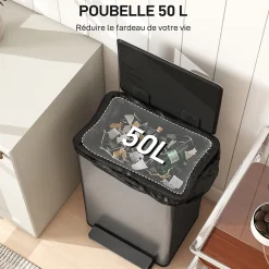 Poubelle manuelle tri sélectif 2 bacs capacité totale 50L filtre anti-odeurs poignées acier inox. brossé noir
