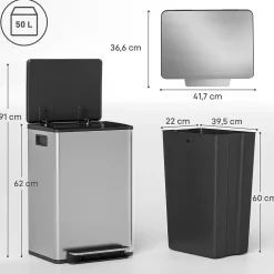 Poubelle manuelle tri sélectif 2 bacs capacité totale 50L filtre anti-odeurs poignées acier inox. brossé noir