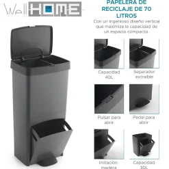 Poubelle verticale WellHome 70 L, 2 compartiments, corbeille à papier, 76 cm