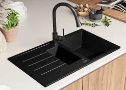 PRIMAGRAN Evier Cuisine en Granit Graphite 90x50cm, Lavabo 1,5 bacs + Accessoires, Évier à Encastrer au meuble 60cm
