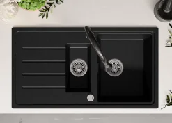 PRIMAGRAN Evier Cuisine en Granit Graphite 90x50cm, Lavabo 1,5 bacs + Accessoires, Évier à Encastrer au meuble 60cm