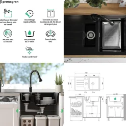 PRIMAGRAN Evier Cuisine en Granit Graphite 90x50cm, Lavabo 1,5 bacs + Accessoires, Évier à Encastrer au meuble 60cm