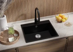 PRIMAGRAN Evier Cuisine en Granit Tout Noir 58x50cm, Lavabo 1 bac + Kit de Vidage + Accessoires, Évier à Encastrer au meuble 60cm