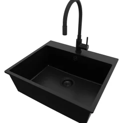 PRIMAGRAN Evier Cuisine en Granit Tout Noir 58x50cm, Lavabo 1 bac + Kit de Vidage + Accessoires, Évier à Encastrer au meuble 60cm