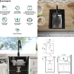 PRIMAGRAN Evier Cuisine en Granit Blanc 38x50cm, Lavabo 1 bac + Kit de Vidage + Accessoires, Évier à Encastrer au meuble 40cm