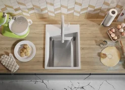 PRIMAGRAN Evier Cuisine en Granit Blanc 38x50cm, Lavabo 1 bac + Kit de Vidage + Accessoires, Évier à Encastrer au meuble 40cm