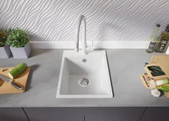 PRIMAGRAN Evier Cuisine en Granit Blanc 38x50cm, Lavabo 1 bac + Kit de Vidage + Accessoires, Évier à Encastrer au meuble 40cm