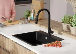 PRIMAGRAN Evier Cuisine en Granit Noir 58x50cm, Lavabo 1 bac + Kit de Vidage + Accessoires, Évier à Encastrer au meuble 60cm