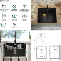 PRIMAGRAN Evier Cuisine en Granit Noir 58x50cm, Lavabo 1 bac + Kit de Vidage + Accessoires, Évier à Encastrer au meuble 60cm