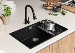 PRIMAGRAN Evier Cuisine en Granit Noir 76x47cm, Lavabo 1 bac + Kit de Vidage + Accessoires, Évier à Encastrer au meuble 80cm