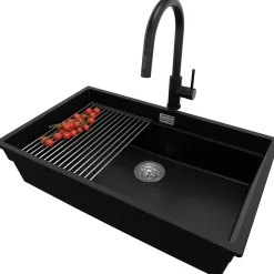 PRIMAGRAN Evier Cuisine en Granit Noir 76x47cm, Lavabo 1 bac + Kit de Vidage + Accessoires, Évier à Encastrer au meuble 80cm