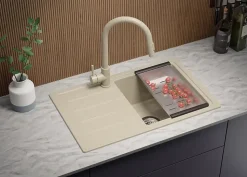 PRIMAGRAN Evier Cuisine en Granit Beige 70x44cm, Lavabo 1 bac + Kit de Vidage, Évier à Encastrer au meuble 45cm - Copenhague Easy