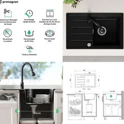 PRIMAGRAN Evier Cuisine en Granit Beige 70x44cm, Lavabo 1 bac + Kit de Vidage, Évier à Encastrer au meuble 45cm - Copenhague Easy