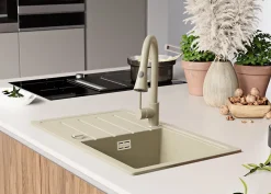 PRIMAGRAN Evier Cuisine en Granit Beige 70x44cm, Lavabo 1 bac + Kit de Vidage, Évier à Encastrer au meuble 45cm - Copenhague Easy