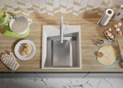 PRIMAGRAN Evier Cuisine en Granit Tout Blanc 43x50cm, Lavabo 1 bac + Accessoires, Évier à Encastrer au meuble 45cm