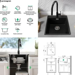 PRIMAGRAN Evier Cuisine en Granit Tout Blanc 43x50cm, Lavabo 1 bac + Accessoires, Évier à Encastrer au meuble 45cm