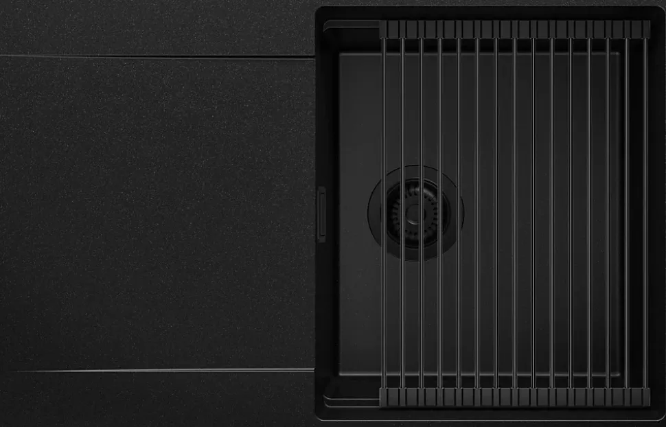 PRIMAGRAN Evier Cuisine en Granit Tout Noir 78x50cm, Lavabo 1 bac + Kit de Vidage + Accessoires, Évier à Encastrer au meuble 50cm