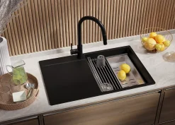 PRIMAGRAN Evier Cuisine en Granit Tout Noir 78x50cm, Lavabo 1 bac + Kit de Vidage + Accessoires, Évier à Encastrer au meuble 50cm