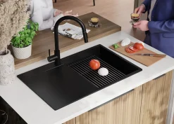 PRIMAGRAN Evier Cuisine en Granit Tout Noir 78x50cm, Lavabo 1 bac + Kit de Vidage + Accessoires, Évier à Encastrer au meuble 50cm