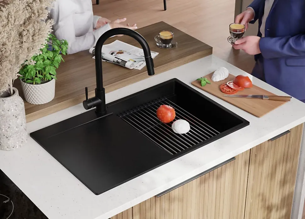 PRIMAGRAN Evier Cuisine en Granit Tout Noir 78x50cm, Lavabo 1 bac + Kit de Vidage + Accessoires, Évier à Encastrer au meuble 50cm