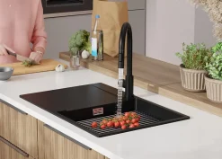 PRIMAGRAN Evier Cuisine en Granit Tout Noir 78x50cm, Lavabo 1 bac + Kit de Vidage + Accessoires, Évier à Encastrer au meuble 50cm