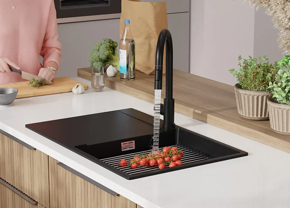 PRIMAGRAN Evier Cuisine en Granit Tout Noir 78x50cm, Lavabo 1 bac + Kit de Vidage + Accessoires, Évier à Encastrer au meuble 50cm