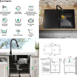 PRIMAGRAN Evier Cuisine en Granit Tout Noir 78x50cm, Lavabo 1 bac + Kit de Vidage + Accessoires, Évier à Encastrer au meuble 50cm