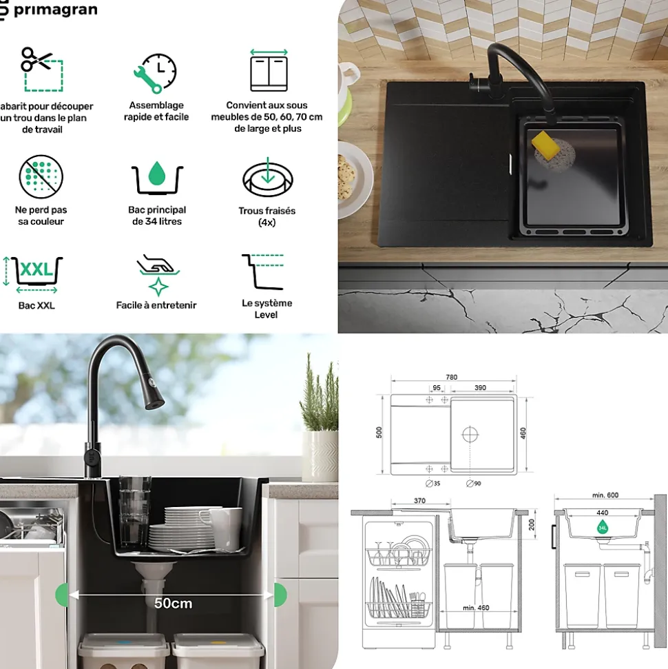 PRIMAGRAN Evier Cuisine en Granit Tout Noir 78x50cm, Lavabo 1 bac + Kit de Vidage + Accessoires, Évier à Encastrer au meuble 50cm