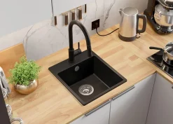 PRIMAGRAN Evier Cuisine en Granit Noir 38x44cm, Lavabo 1 bac + Kit de Vidage, Évier à Encastrer au meuble 40cm - Riga Easy