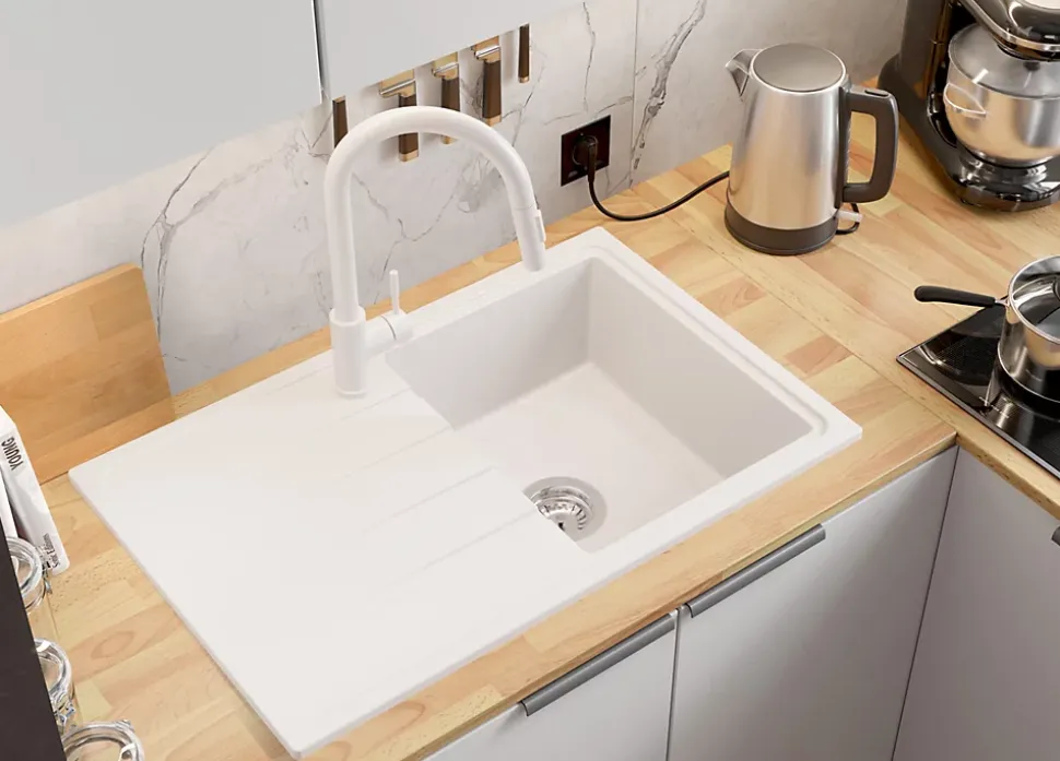 PRIMAGRAN Evier Cuisine en Granit Tout Blanc 78x50cm, Lavabo 1 bac + Kit de Vidage, Évier à Encastrer au meuble 45cm - Milan