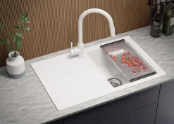 PRIMAGRAN Evier Cuisine en Granit Tout Blanc 78x50cm, Lavabo 1 bac + Kit de Vidage, Évier à Encastrer au meuble 45cm - Milan