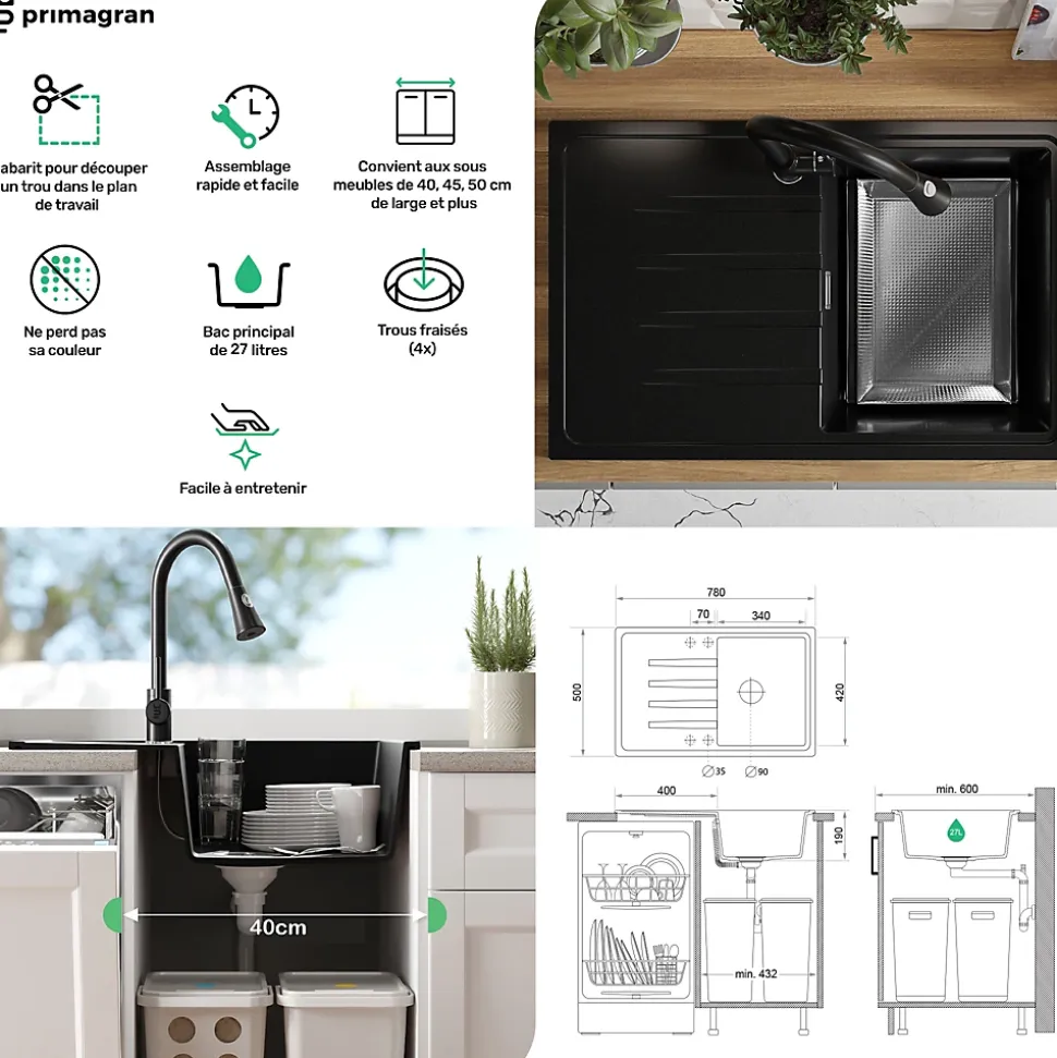 PRIMAGRAN Evier Cuisine en Granit Tout Blanc 78x50cm, Lavabo 1 bac + Kit de Vidage, Évier à Encastrer au meuble 45cm - Milan