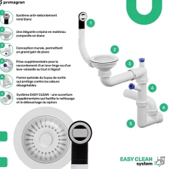 PRIMAGRAN Evier Cuisine en Granit Tout Blanc 78x50cm, Lavabo 1 bac + Kit de Vidage, Évier à Encastrer au meuble 45cm - Milan