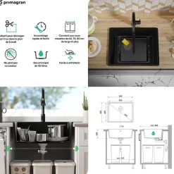 PRIMAGRAN Evier Cuisine en Granit Graphite 56x44cm, Lavabo 1 bac + Kit de Vidage + Accessoires, Évier à Encastrer au meuble 60cm