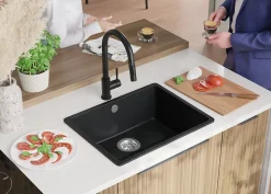 PRIMAGRAN Evier Cuisine en Granit Graphite 56x44cm, Lavabo 1 bac + Kit de Vidage + Accessoires, Évier à Encastrer au meuble 60cm