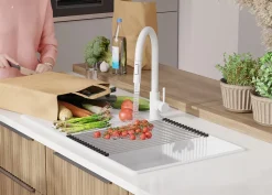 PRIMAGRAN Evier Cuisine en Granit Tout Blanc 90x50cm, Lavabo 1 bac + Accessoires, Évier à Encastrer au meuble 60cm