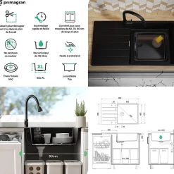 PRIMAGRAN Evier Cuisine en Granit Tout Blanc 90x50cm, Lavabo 1 bac + Accessoires, Évier à Encastrer au meuble 60cm