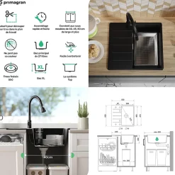 PRIMAGRAN Evier Cuisine en Granit Tout Blanc 55x50cm, Lavabo 1 bac + Accessoires, Évier à Encastrer au meuble 40cm