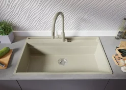 PRIMAGRAN Evier Cuisine en Granit Beige 88x53cm, Lavabo 1 bac + Kit de Vidage + Accessoires, Évier à Encastrer au meuble 90cm