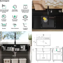 PRIMAGRAN Evier Cuisine en Granit Beige 88x53cm, Lavabo 1 bac + Kit de Vidage + Accessoires, Évier à Encastrer au meuble 90cm