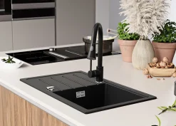 PRIMAGRAN Evier Cuisine en Granit Noir 70x44cm, Lavabo 1 bac + Kit de Vidage, Évier à Encastrer au meuble 45cm - Copenhague Easy