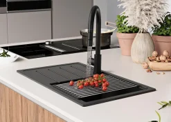 PRIMAGRAN Evier Cuisine en Granit Noir 70x44cm, Lavabo 1 bac + Kit de Vidage, Évier à Encastrer au meuble 45cm - Copenhague Easy