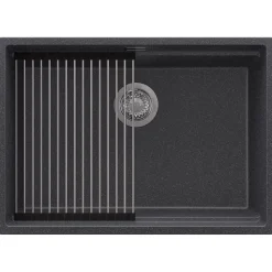 PRIMAGRAN Evier Cuisine en Granit Graphite 66x47cm, Lavabo 1 bac + Kit de Vidage + Accessoires, Évier à Encastrer au meuble 70cm