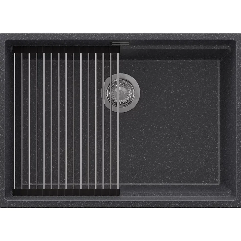 PRIMAGRAN Evier Cuisine en Granit Graphite 66x47cm, Lavabo 1 bac + Kit de Vidage + Accessoires, Évier à Encastrer au meuble 70cm